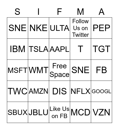 Stock Market Game Bingo Card