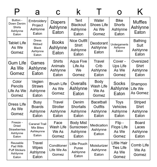 Packing With Kids Bingo Card