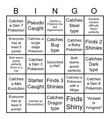 PM7 Fusions Bingo Card