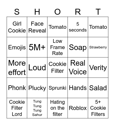 Cookie FIlter Bingo Card