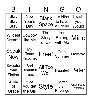 Taylor Swift Game 1 Bingo Card