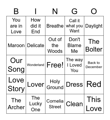 Taylor Swift Game 2 Bingo Card