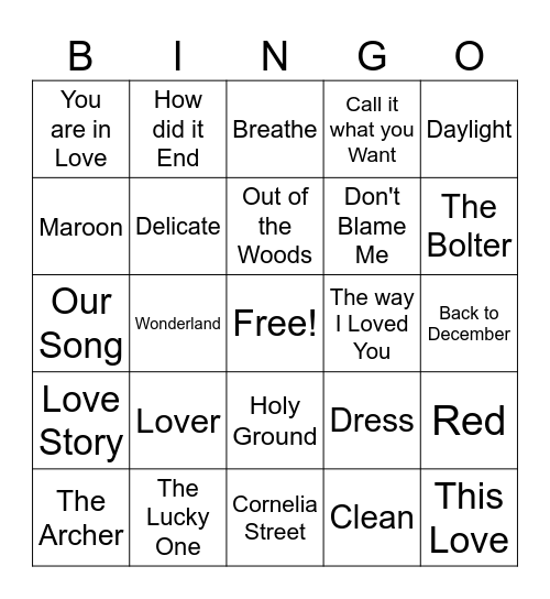 Taylor Swift Game 2 Bingo Card