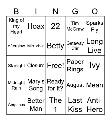 Taylor Swift Game 3 Bingo Card