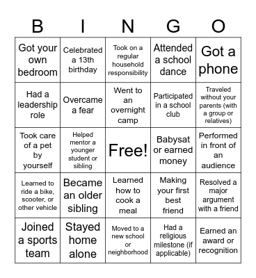 Rites of Passage Bingo Card