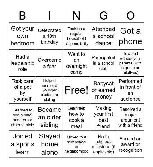 Rites of Passage Bingo Card