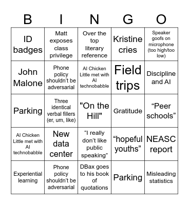 Faculty Meeting Bingo Card
