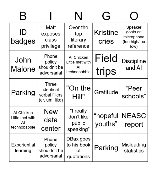 Faculty Meeting Bingo Card
