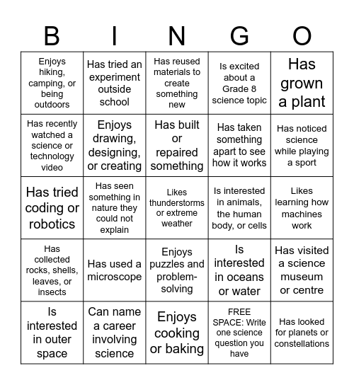GRADE 8 SCIENCE: FIND SOMEONE WHO… Bingo Card