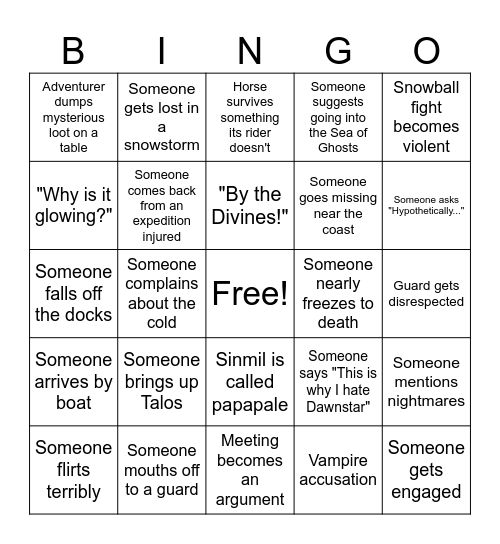 Dawnstar Bingo Card