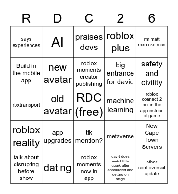Roblox Developer Conference 26 Bingo Card
