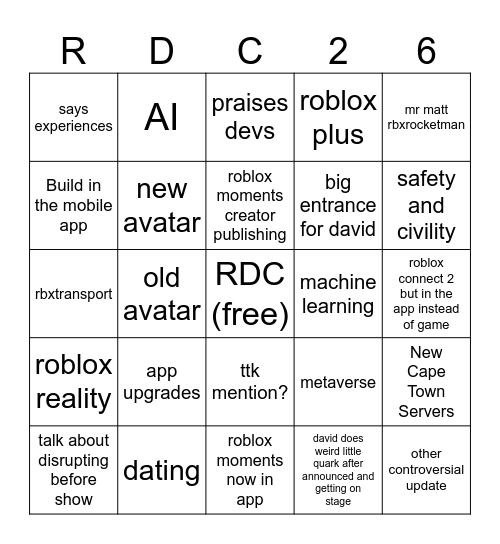 Roblox Developer Conference 26 Bingo Card