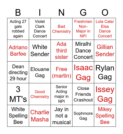 Casting Fall Bingo Card