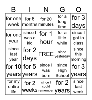 Present Perfect Progressive Bingo Card