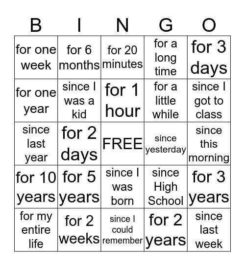 Present Perfect Progressive Bingo Card