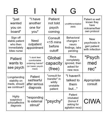 Pysch Consult Bingo Card