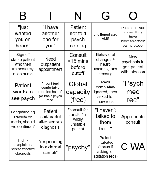 Pysch Consult Bingo Card