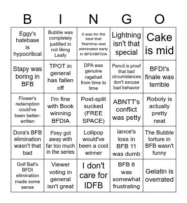 BFDI Opinions Bingo Card