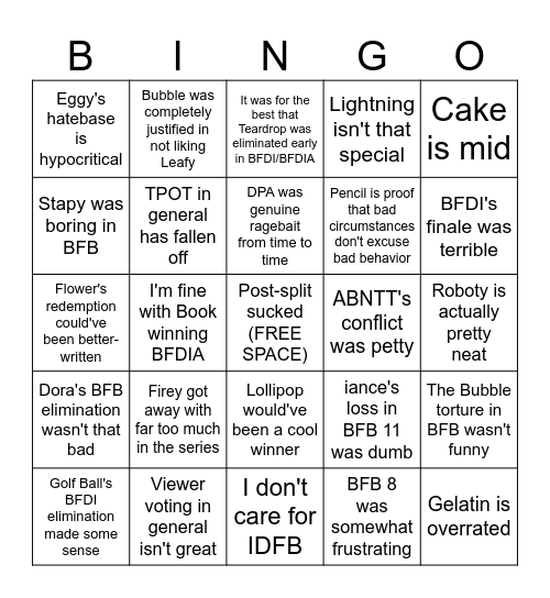 BFDI Opinions Bingo Card