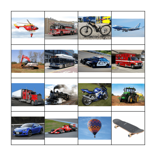 Vehicle Sound Bingo Card