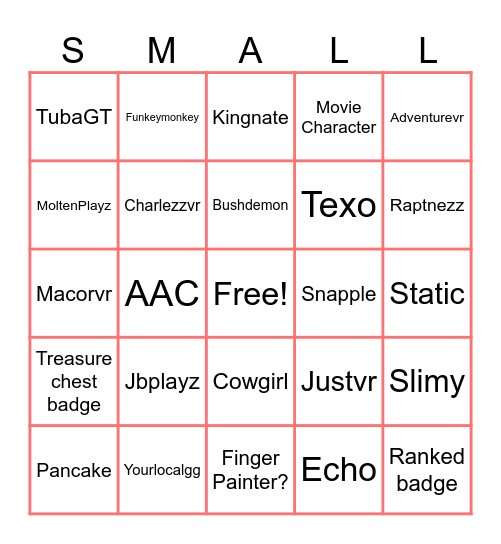 Find The Smalltubers Bingo Card