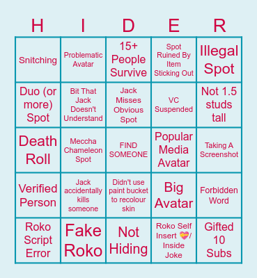 iJackeryz Hide and Seek BINGO Card