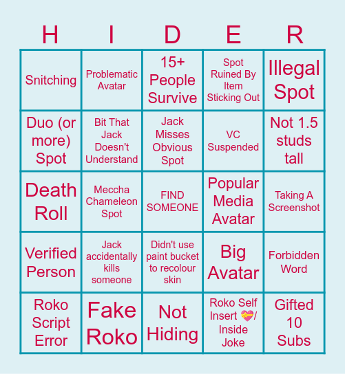 iJackeryz Hide and Seek BINGO Card