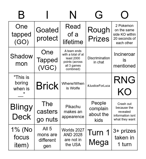 Champ Sunday Bingo Card
