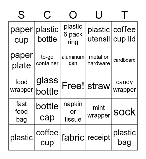 Litter Cleanup Bingo Card