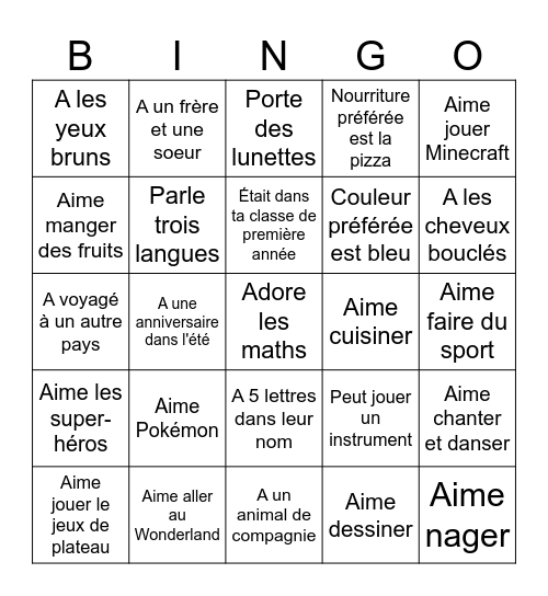 Trouver un ami qui ... Bingo Card