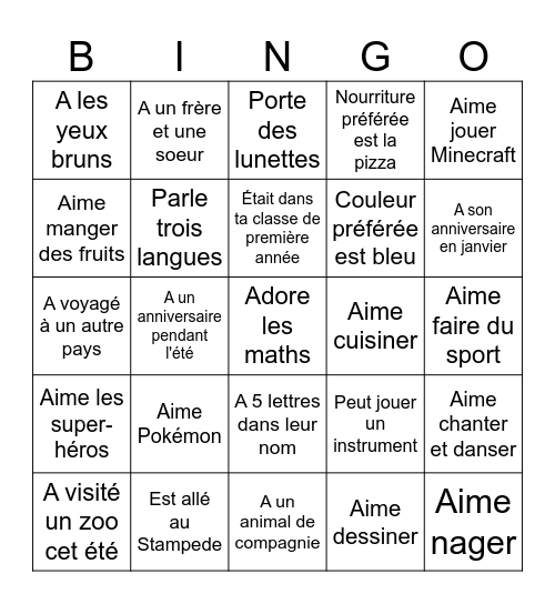 Trouver un ami qui ... Bingo Card
