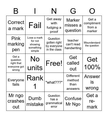 Getting marks back bingo Card