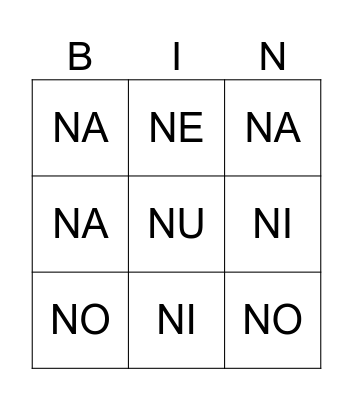 las sílabas na,ne,ni,no y nu Bingo Card