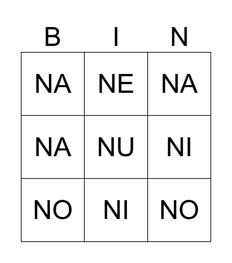 las sílabas na,ne,ni,no y nu Bingo Card