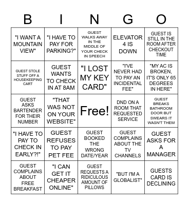 Hotel Bingo Card