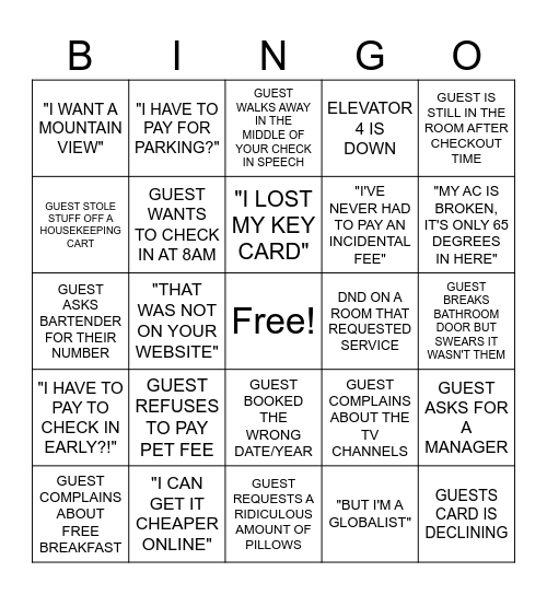 Hotel Bingo Card
