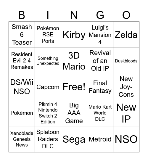 Nintendo Direct September 2026 Bingo Card