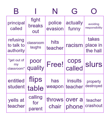 school crashout vids Bingo Card