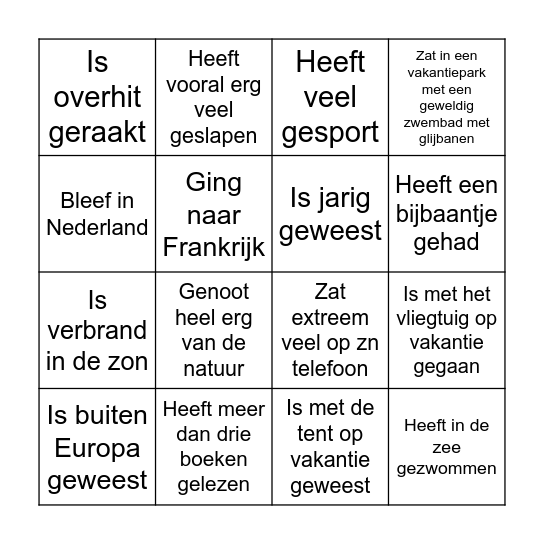 Vakantie Bingo Card