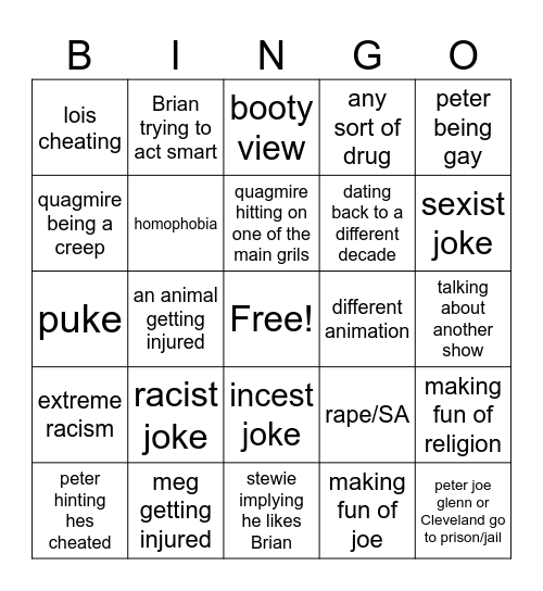 family guy Bingo Card