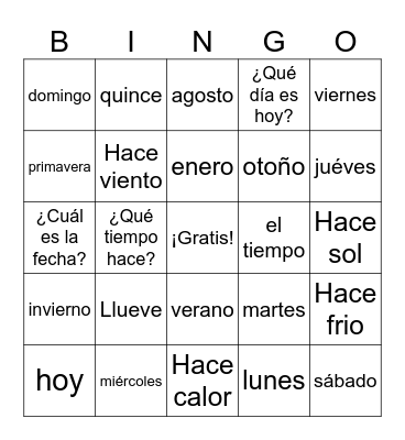 El calendario, el tiempo y las estaciones Bingo Card