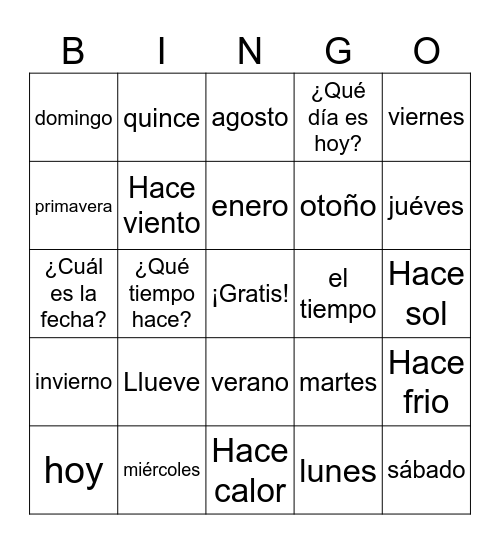 El calendario, el tiempo y las estaciones Bingo Card