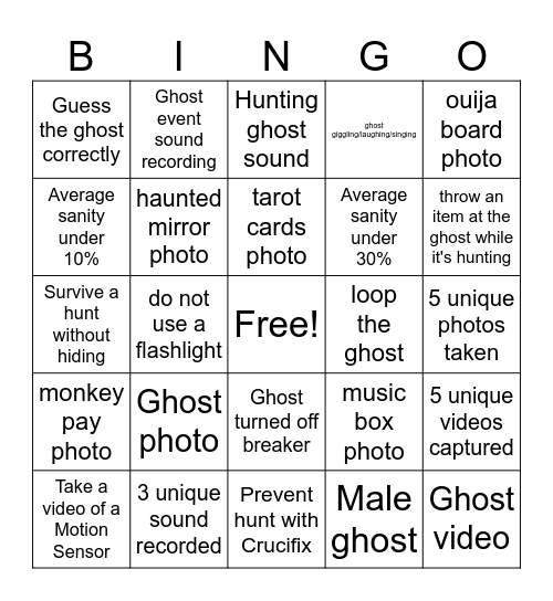 Phasmo Bingo Card