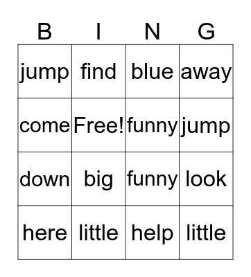 Sight Words Bingo Card