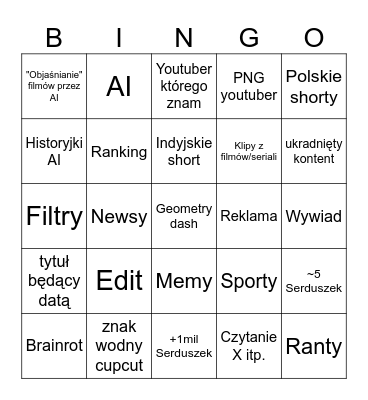 Youtube bingo Card