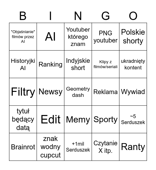 Youtube bingo Card