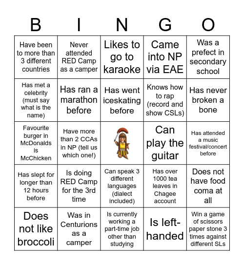 Centurions' Bingo Card