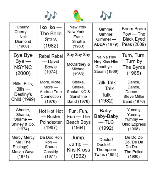 "REPEAT" AFTER ME - SONGS WITH REPEAT WORDS IN TITLE Bingo Card