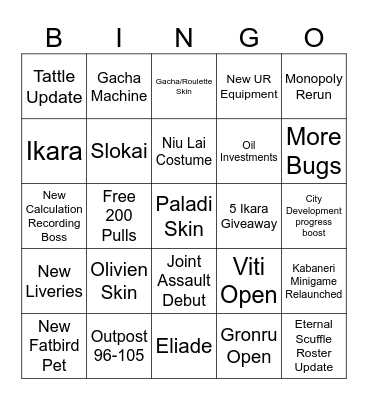 September to October Update Bingo Card