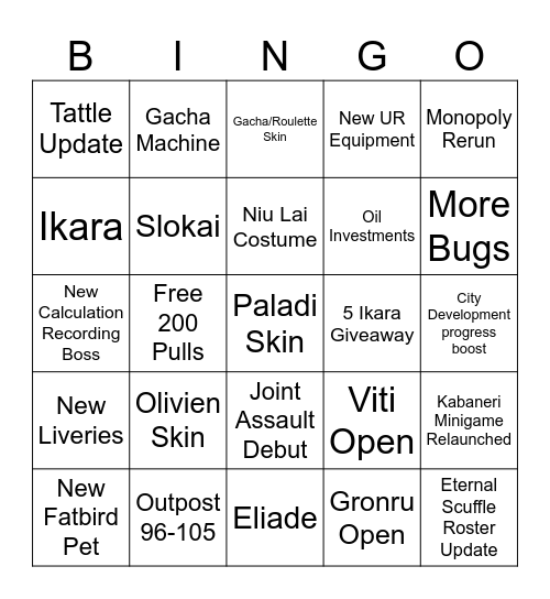 September to October Update Bingo Card